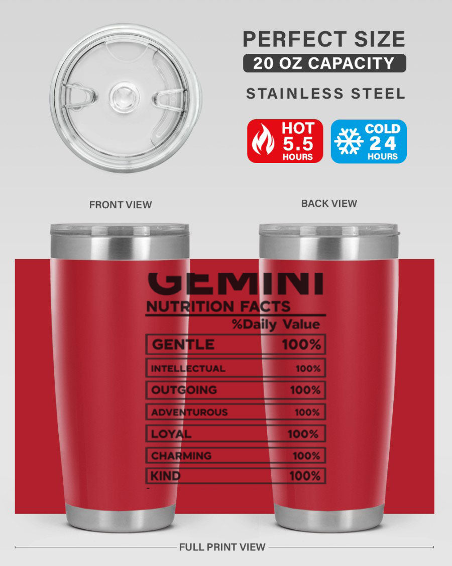 Gemini Nutrition Facts 20oz Tumbler made of stainless steel with a copper lining, featuring a drink-thru lid and zodiac design.