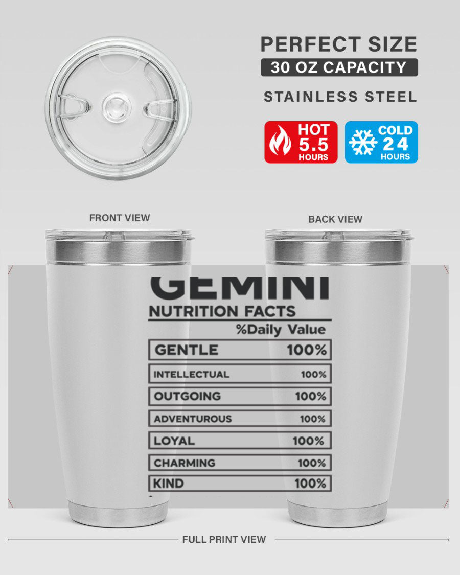 Gemini Nutrition Facts 20oz Tumbler made of stainless steel with a copper lining, featuring a drink-thru lid and zodiac design.