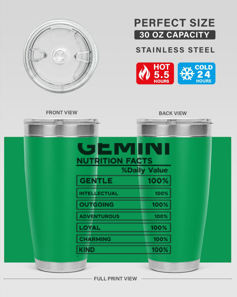 Gemini Nutrition Facts 20oz Tumbler made of stainless steel with a copper lining, featuring a drink-thru lid and zodiac design.