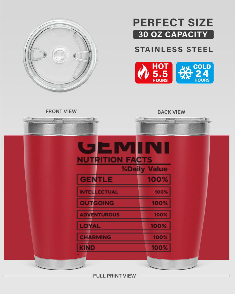 Gemini Nutrition Facts 20oz Tumbler made of stainless steel with a copper lining, featuring a drink-thru lid and zodiac design.