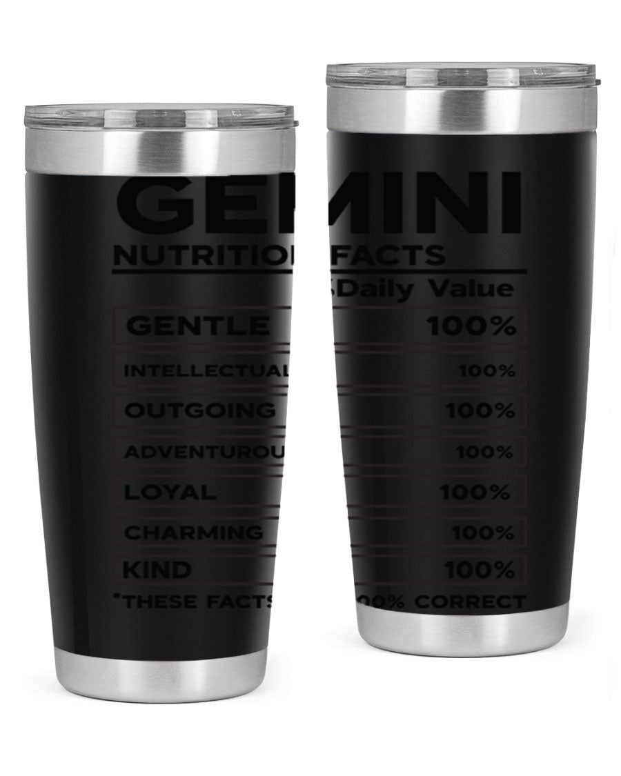 Gemini Nutrition Facts 20oz Tumbler made of stainless steel with a copper lining, featuring a drink-thru lid and zodiac design.