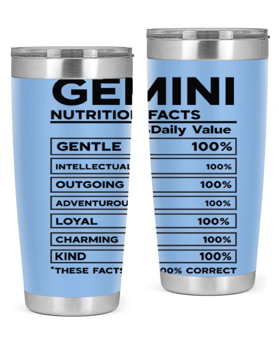 Gemini Nutrition Facts 20oz Tumbler made of stainless steel with a copper lining, featuring a drink-thru lid and zodiac design.