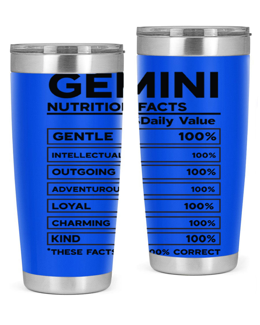 Gemini Nutrition Facts 20oz Tumbler made of stainless steel with a copper lining, featuring a drink-thru lid and zodiac design.