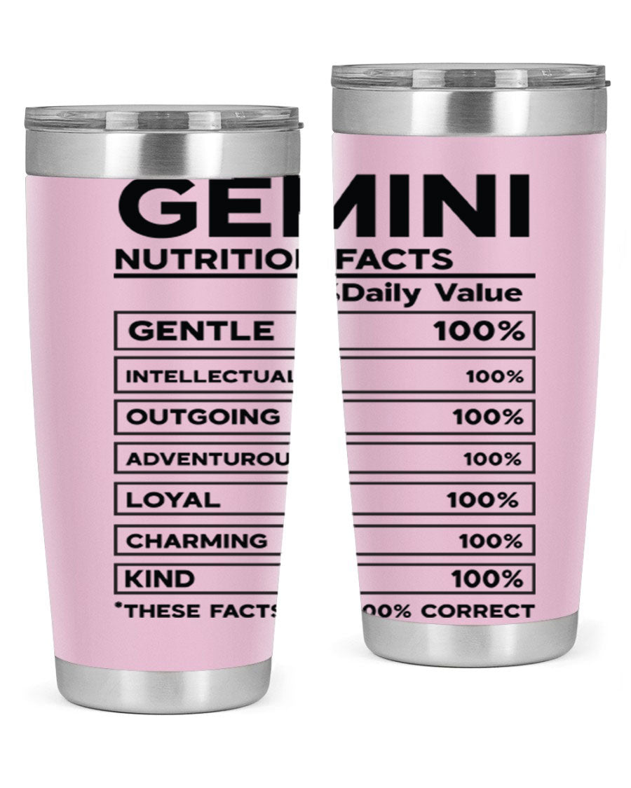 Gemini Nutrition Facts 20oz Tumbler made of stainless steel with a copper lining, featuring a drink-thru lid and zodiac design.