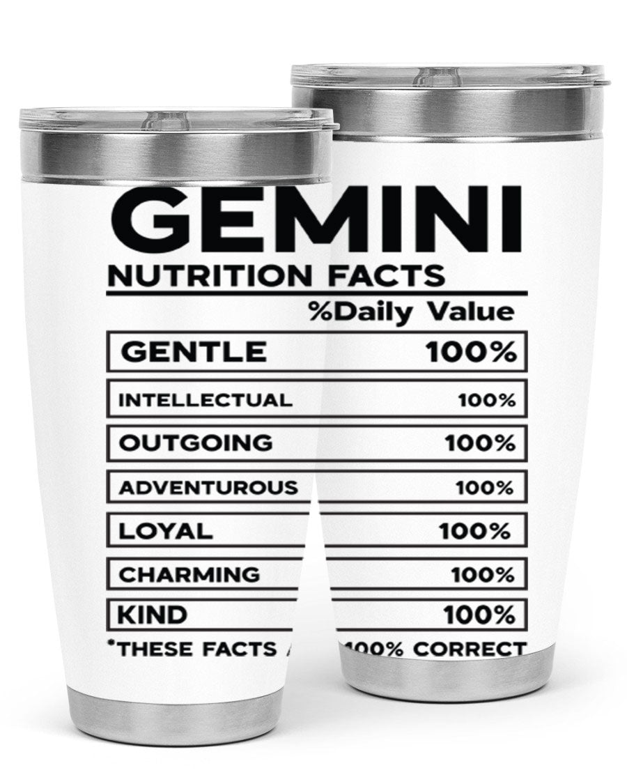 Gemini Nutrition Facts 20oz Tumbler made of stainless steel with a copper lining, featuring a drink-thru lid and zodiac design.