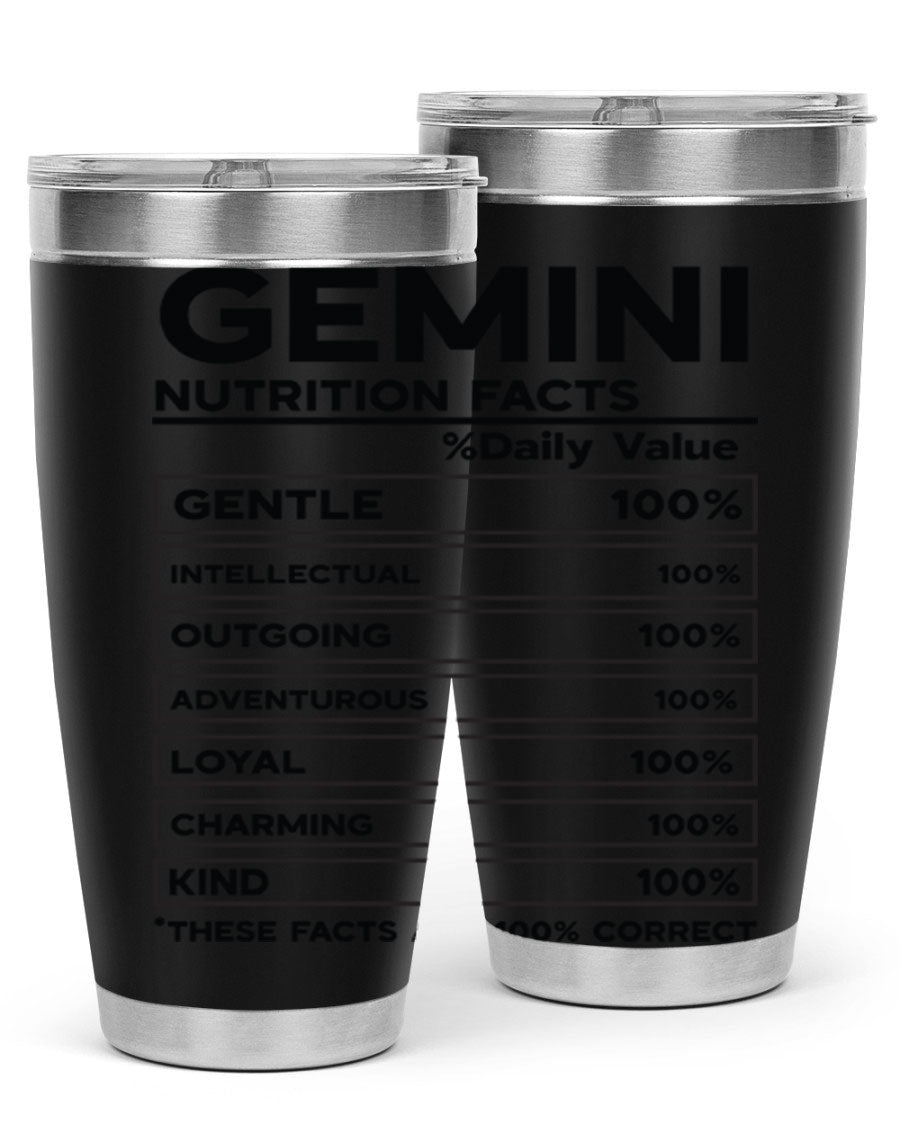 Gemini Nutrition Facts 20oz Tumbler made of stainless steel with a copper lining, featuring a drink-thru lid and zodiac design.