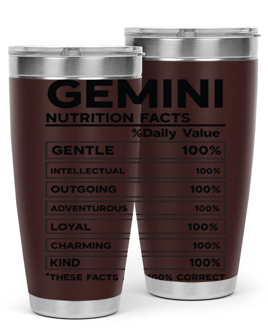 Gemini Nutrition Facts 20oz Tumbler made of stainless steel with a copper lining, featuring a drink-thru lid and zodiac design.