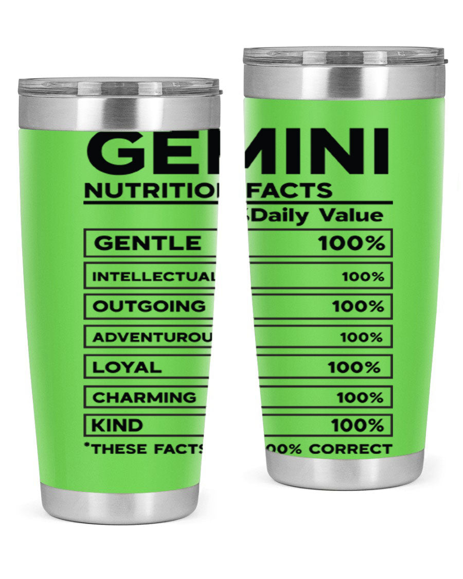 Gemini Nutrition Facts 20oz Tumbler made of stainless steel with a copper lining, featuring a drink-thru lid and zodiac design.