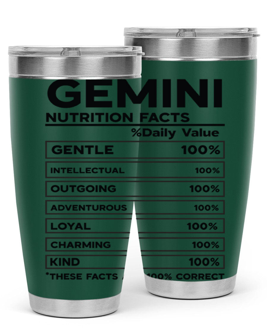 Gemini Nutrition Facts 20oz Tumbler made of stainless steel with a copper lining, featuring a drink-thru lid and zodiac design.