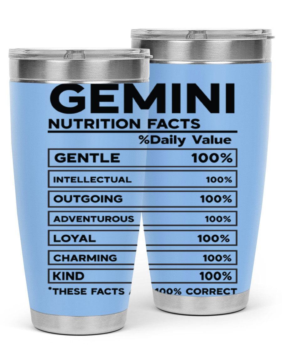 Gemini Nutrition Facts 20oz Tumbler made of stainless steel with a copper lining, featuring a drink-thru lid and zodiac design.