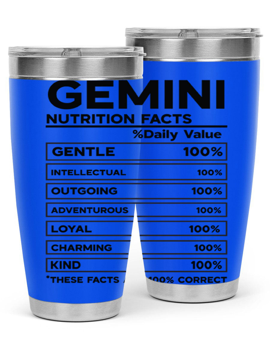Gemini Nutrition Facts 20oz Tumbler made of stainless steel with a copper lining, featuring a drink-thru lid and zodiac design.