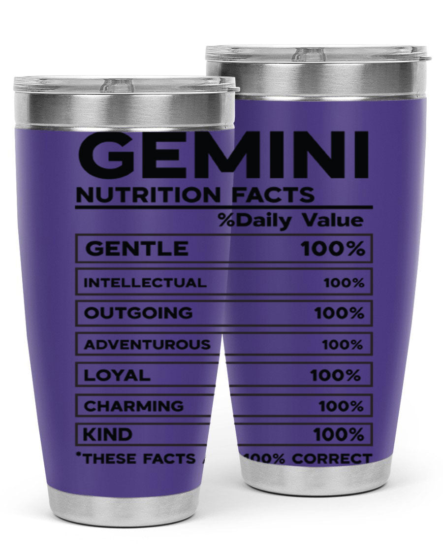 Gemini Nutrition Facts 20oz Tumbler made of stainless steel with a copper lining, featuring a drink-thru lid and zodiac design.