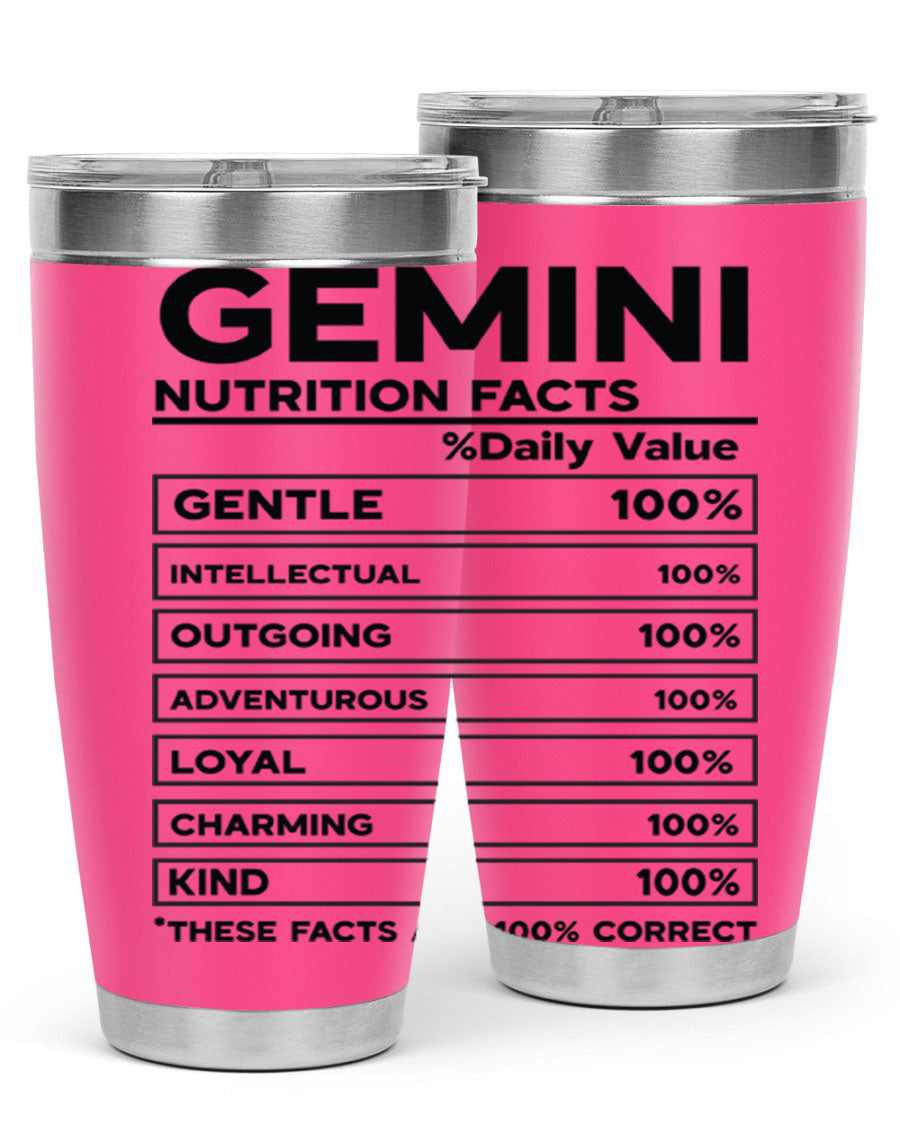 Gemini Nutrition Facts 20oz Tumbler made of stainless steel with a copper lining, featuring a drink-thru lid and zodiac design.