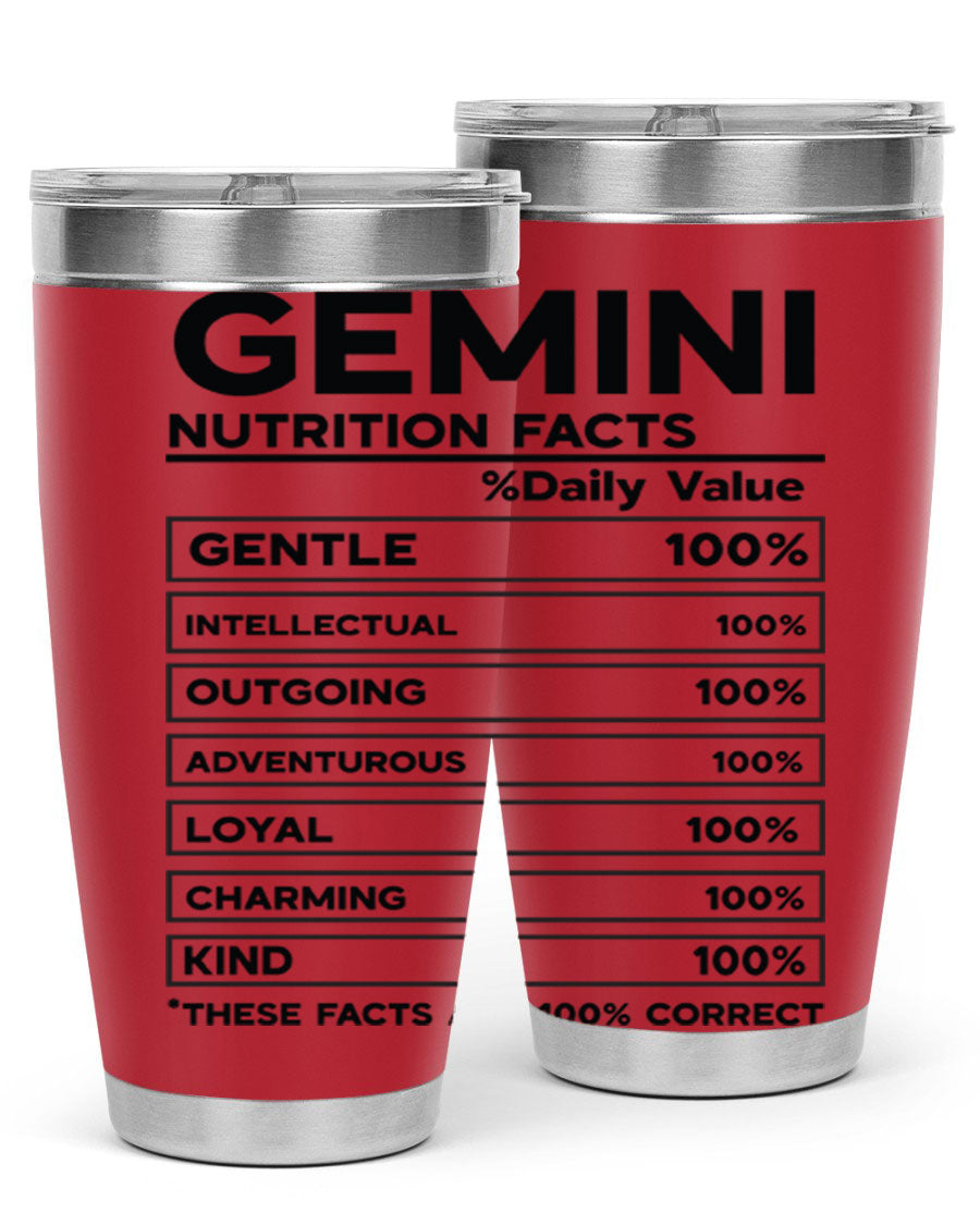 Gemini Nutrition Facts 20oz Tumbler made of stainless steel with a copper lining, featuring a drink-thru lid and zodiac design.