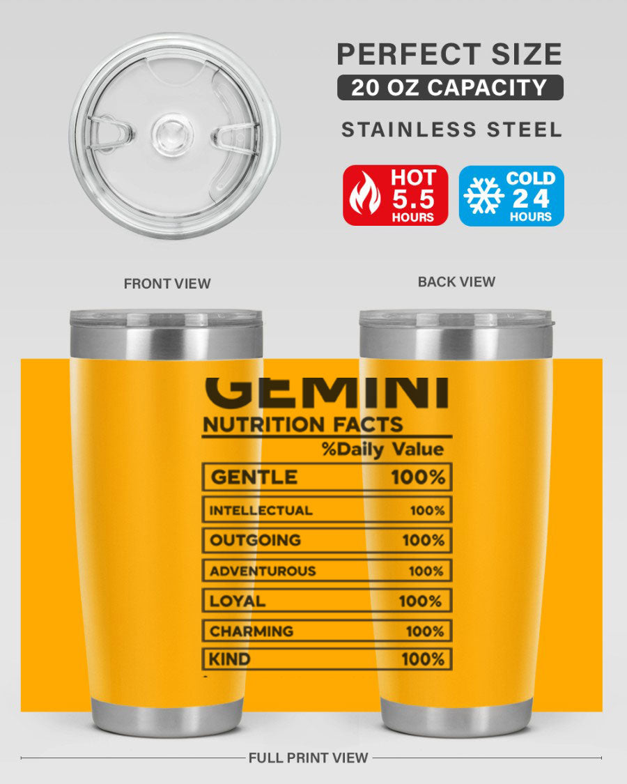 Gemini Nutrition Facts 20oz Tumbler made of stainless steel with a copper lining, featuring a drink-thru lid and zodiac design.
