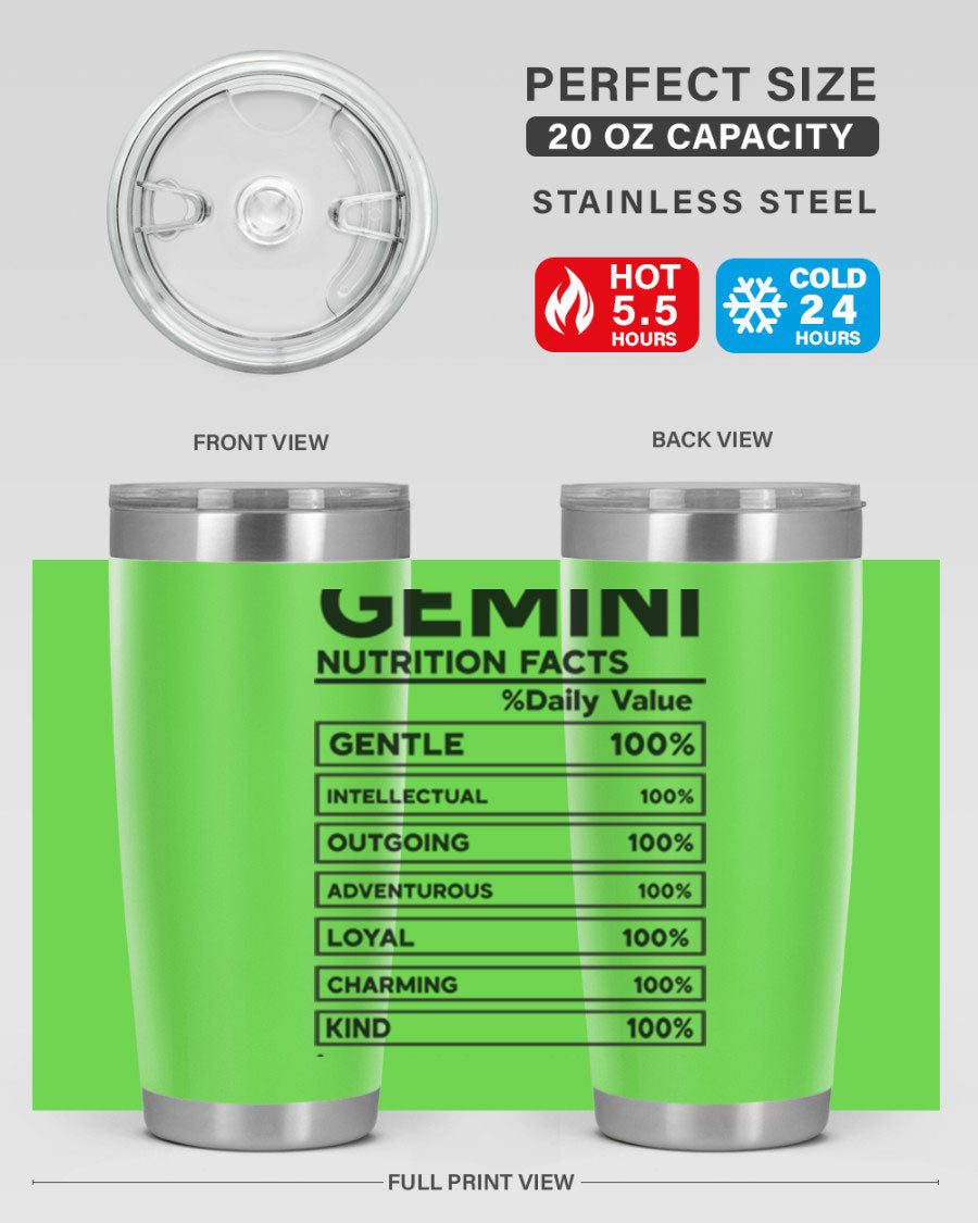 Gemini Nutrition Facts 20oz Tumbler made of stainless steel with a copper lining, featuring a drink-thru lid and zodiac design.