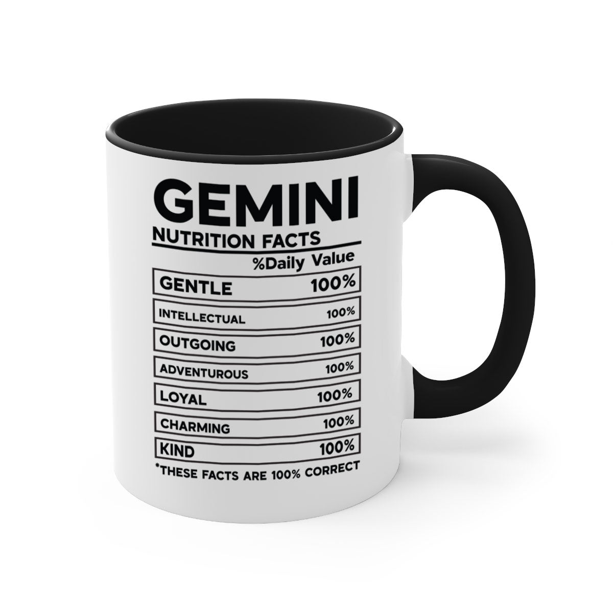 Gemini Nutrition Facts Mug with a glossy finish, featuring a colored handle and interior, available in five vibrant colors.