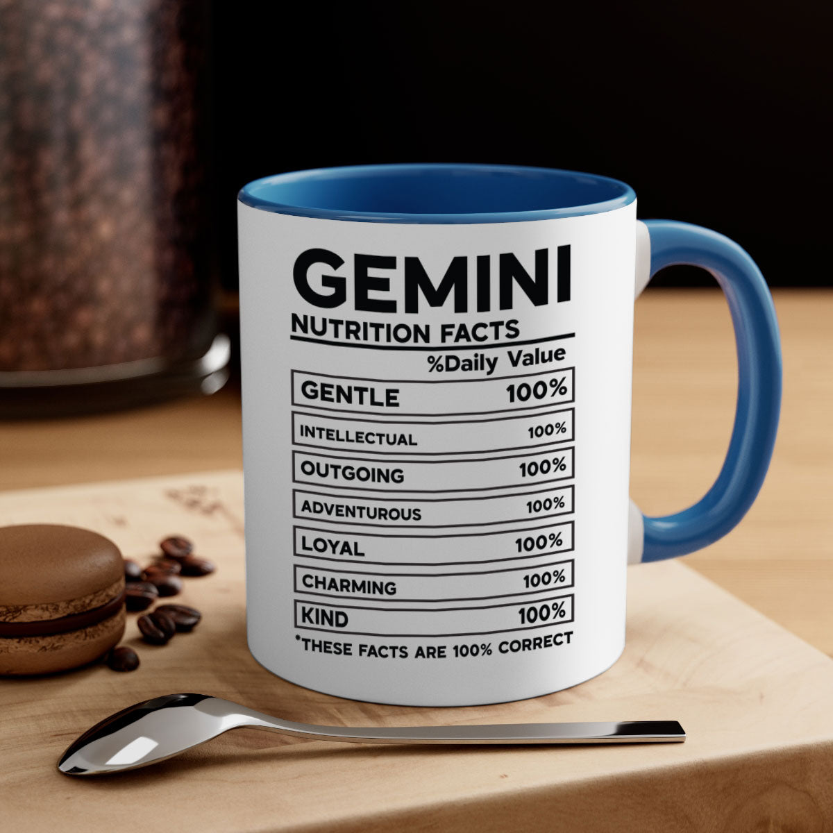 Gemini Nutrition Facts Mug with a glossy finish, featuring a colored handle and interior, available in five vibrant colors.