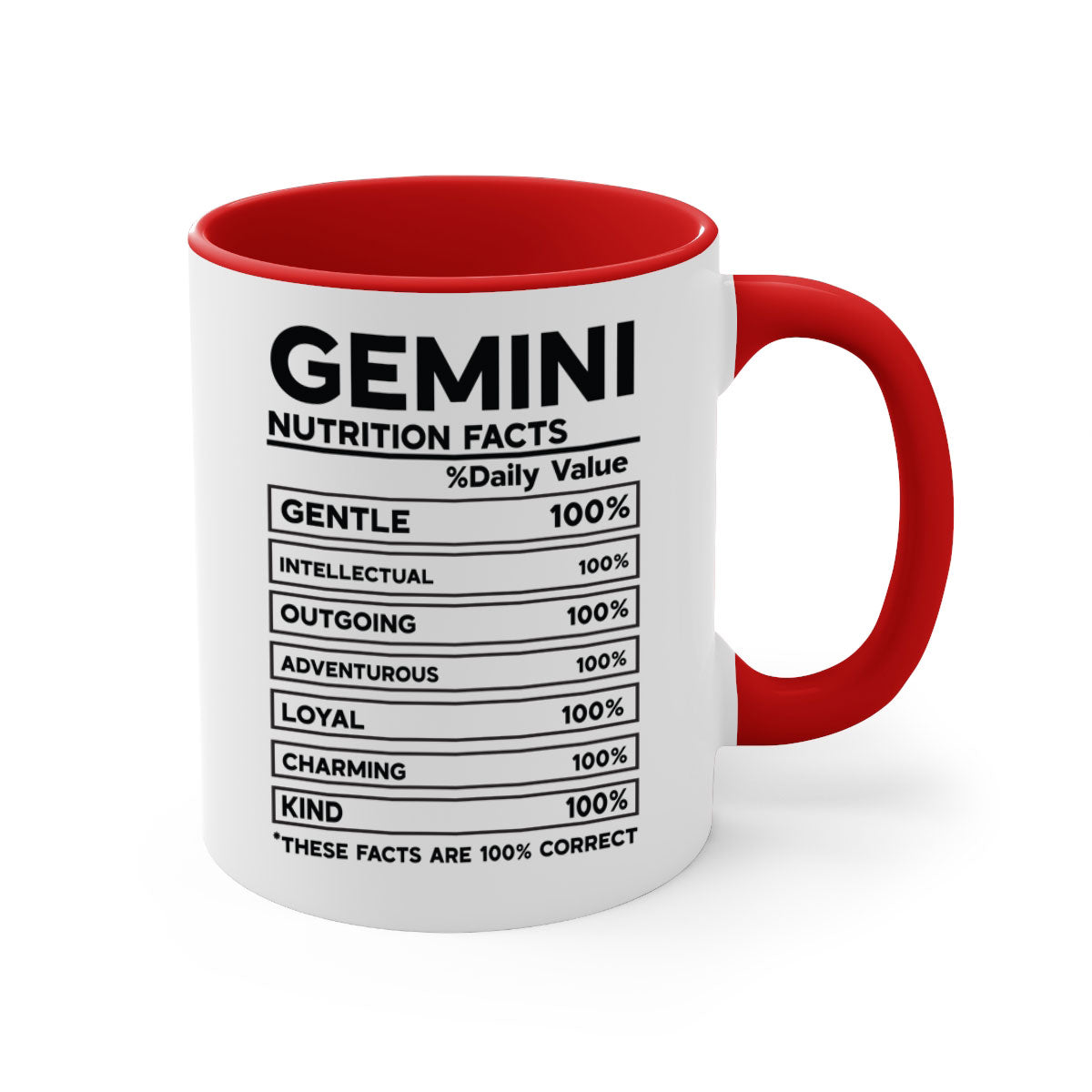 Gemini Nutrition Facts Mug with a glossy finish, featuring a colored handle and interior, available in five vibrant colors.