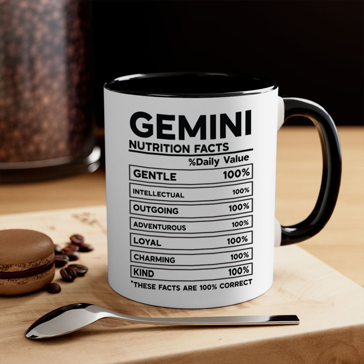 Gemini Nutrition Facts Mug with a glossy finish, featuring a colored handle and interior, available in five vibrant colors.