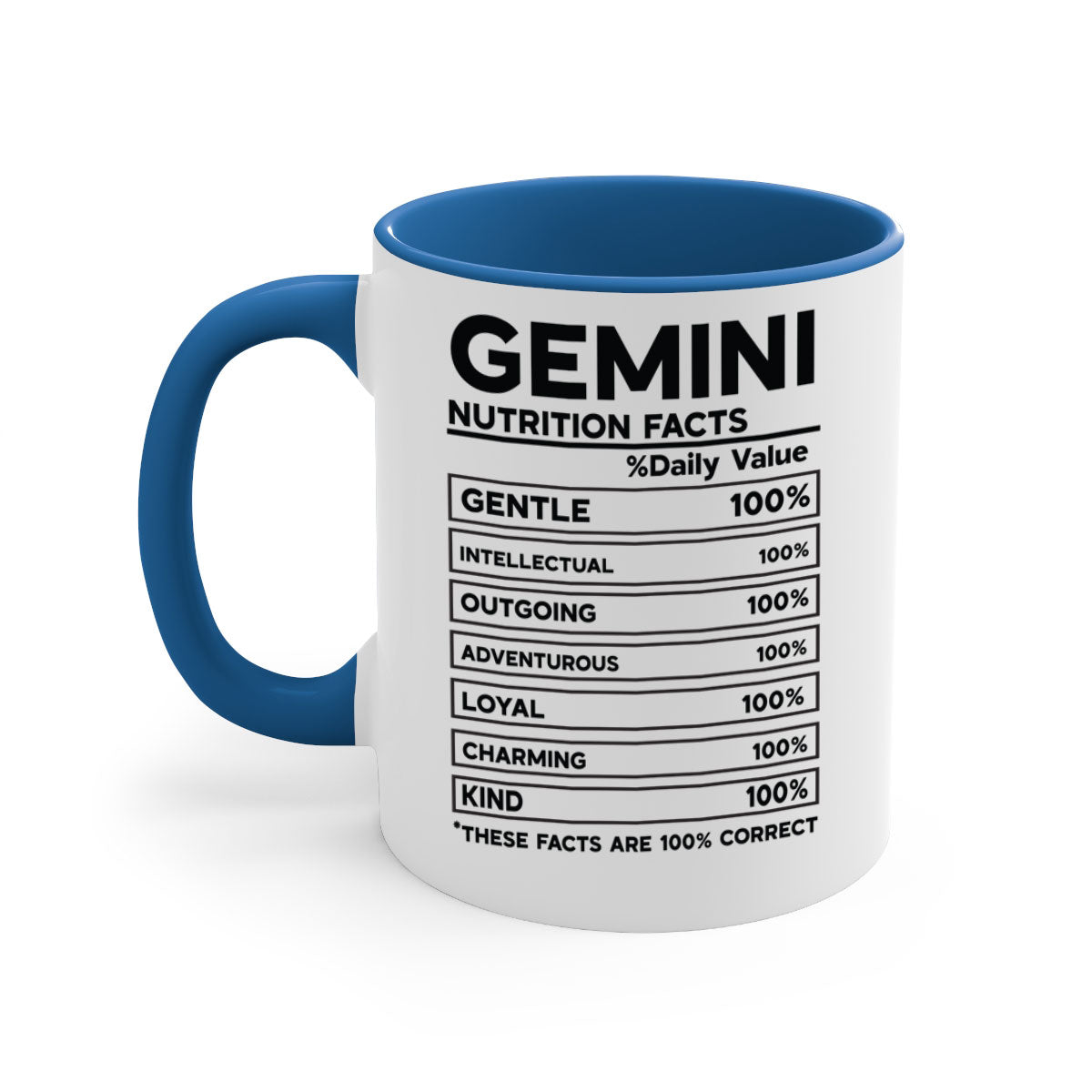 Gemini Nutrition Facts Mug with a glossy finish, featuring a colored handle and interior, available in five vibrant colors.