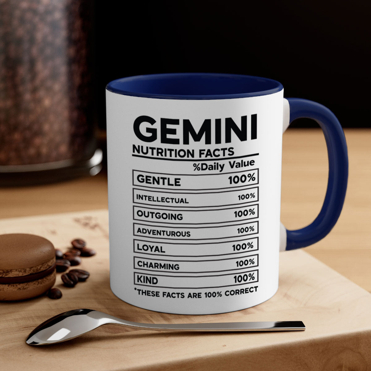 Gemini Nutrition Facts Mug with a glossy finish, featuring a colored handle and interior, available in five vibrant colors.