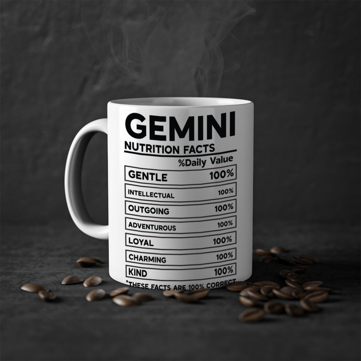 Gemini Nutrition Facts Mug with a glossy finish, featuring a colored handle and interior, available in five vibrant colors.