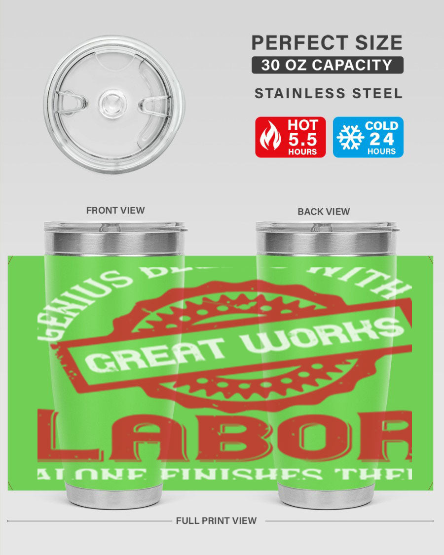 20oz and 30oz stainless steel tumblers with copper lining, featuring a press-in lid and printed design, ideal for hot and cold beverages.