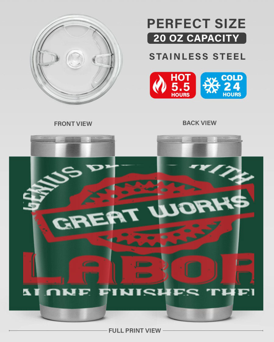 20oz and 30oz stainless steel tumblers with copper lining, featuring a press-in lid and printed design, ideal for hot and cold beverages.