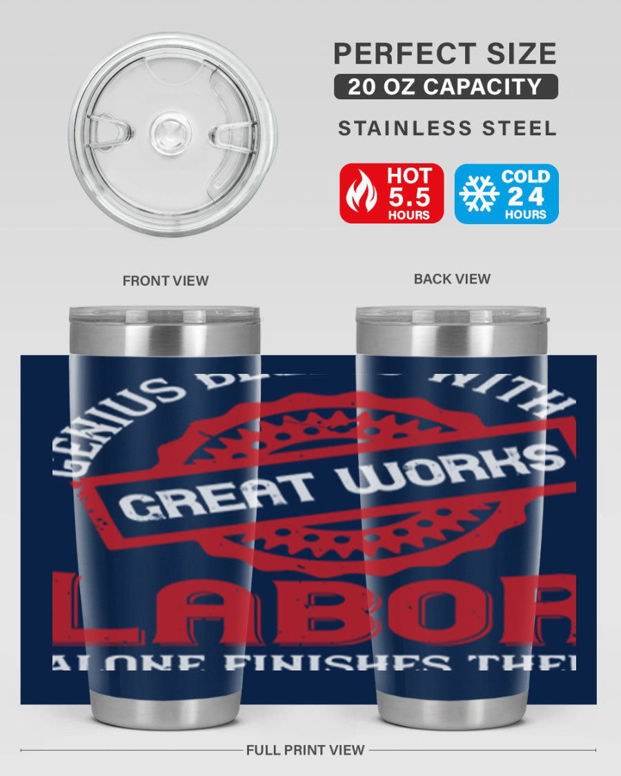 20oz and 30oz stainless steel tumblers with copper lining, featuring a press-in lid and printed design, ideal for hot and cold beverages.