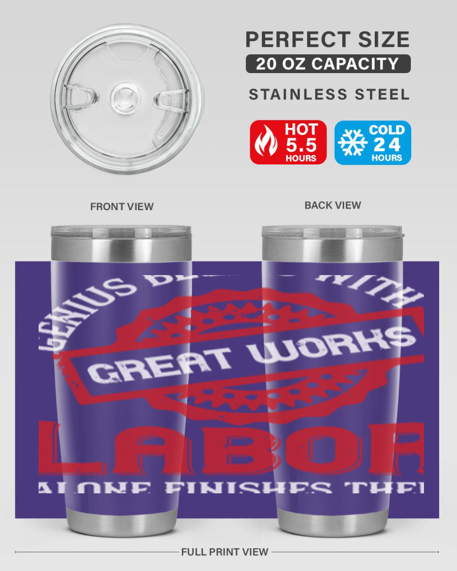 20oz and 30oz stainless steel tumblers with copper lining, featuring a press-in lid and printed design, ideal for hot and cold beverages.