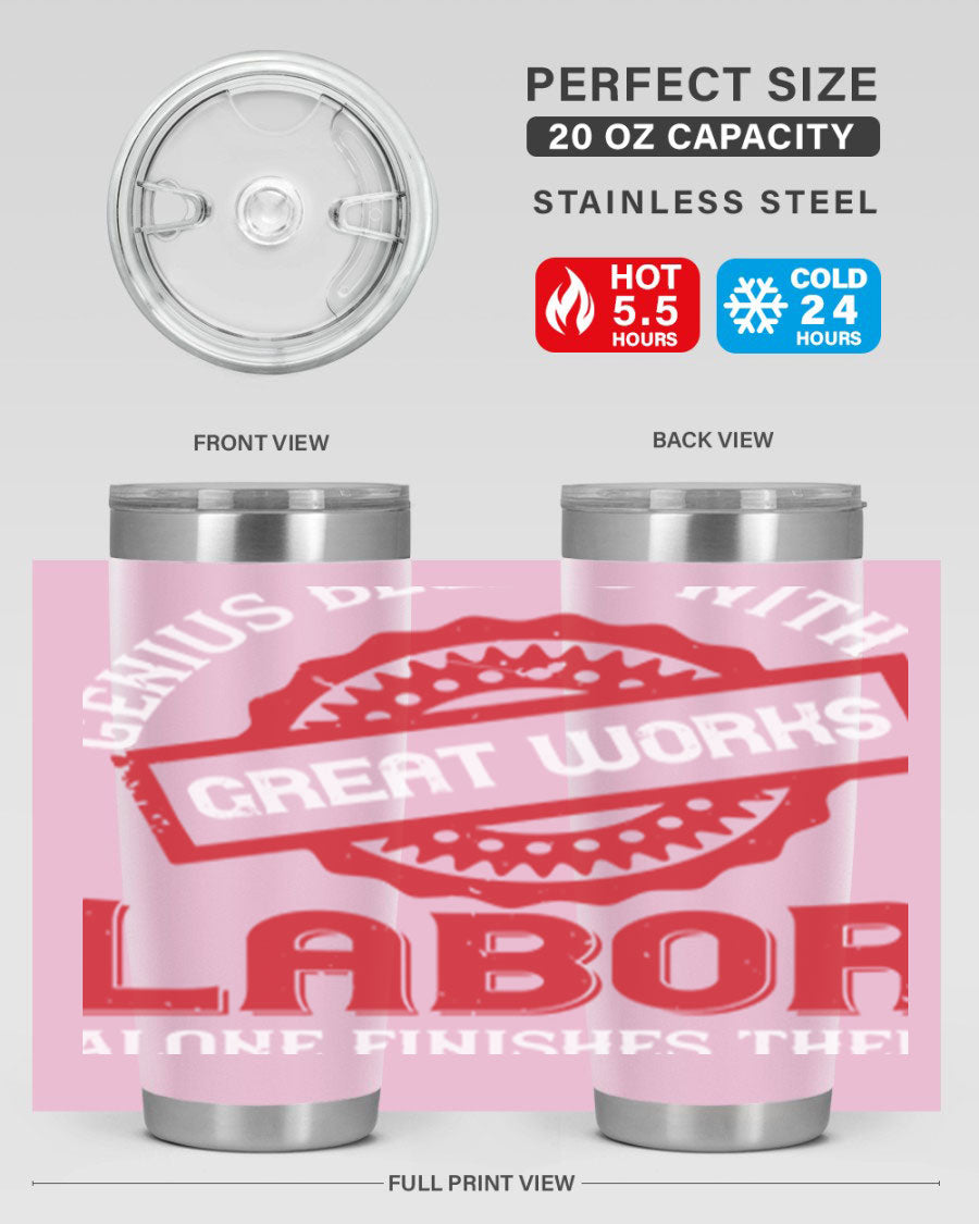 20oz and 30oz stainless steel tumblers with copper lining, featuring a press-in lid and printed design, ideal for hot and cold beverages.