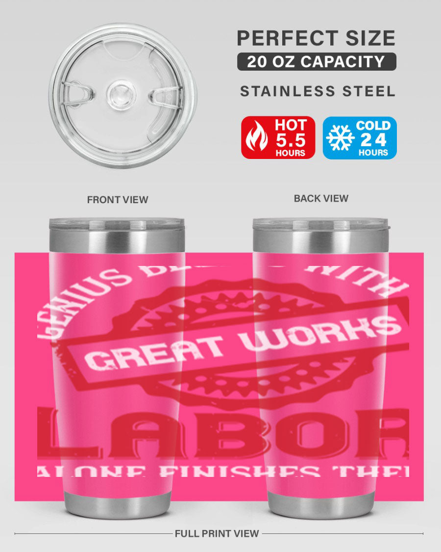 20oz and 30oz stainless steel tumblers with copper lining, featuring a press-in lid and printed design, ideal for hot and cold beverages.