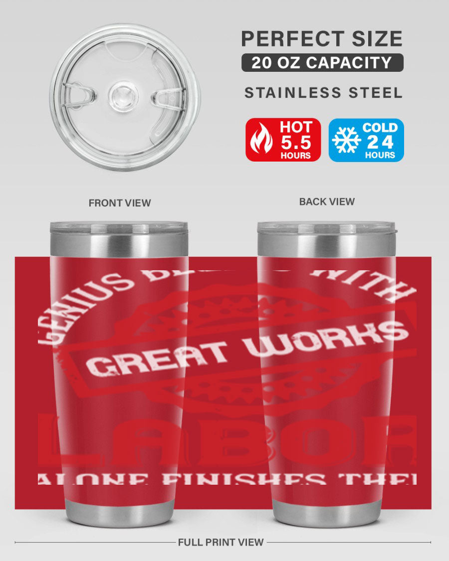 20oz and 30oz stainless steel tumblers with copper lining, featuring a press-in lid and printed design, ideal for hot and cold beverages.