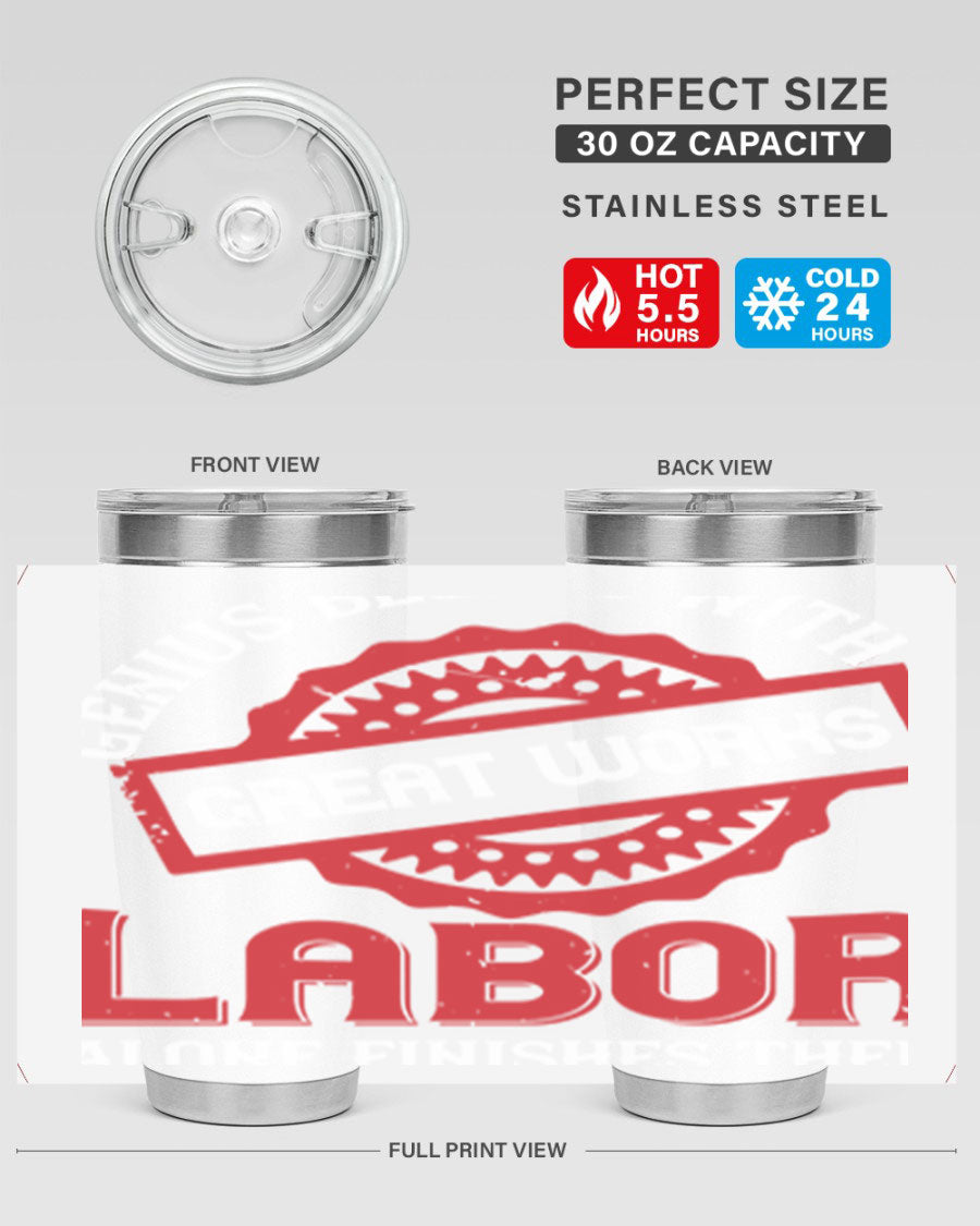 20oz and 30oz stainless steel tumblers with copper lining, featuring a press-in lid and printed design, ideal for hot and cold beverages.