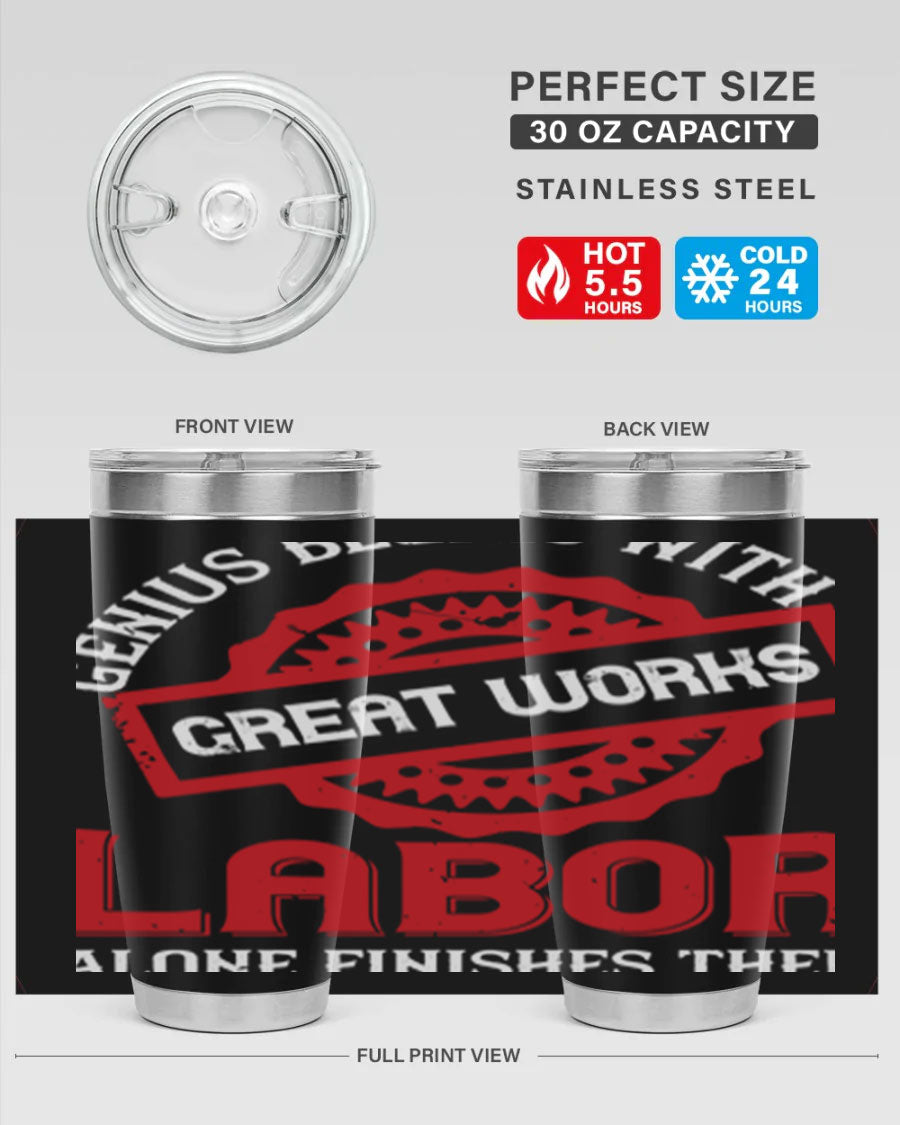 20oz and 30oz stainless steel tumblers with copper lining, featuring a press-in lid and printed design, ideal for hot and cold beverages.