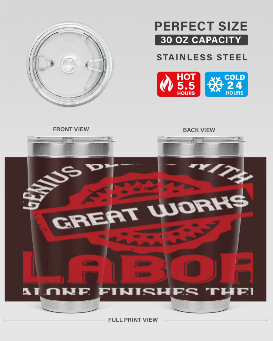 20oz and 30oz stainless steel tumblers with copper lining, featuring a press-in lid and printed design, ideal for hot and cold beverages.