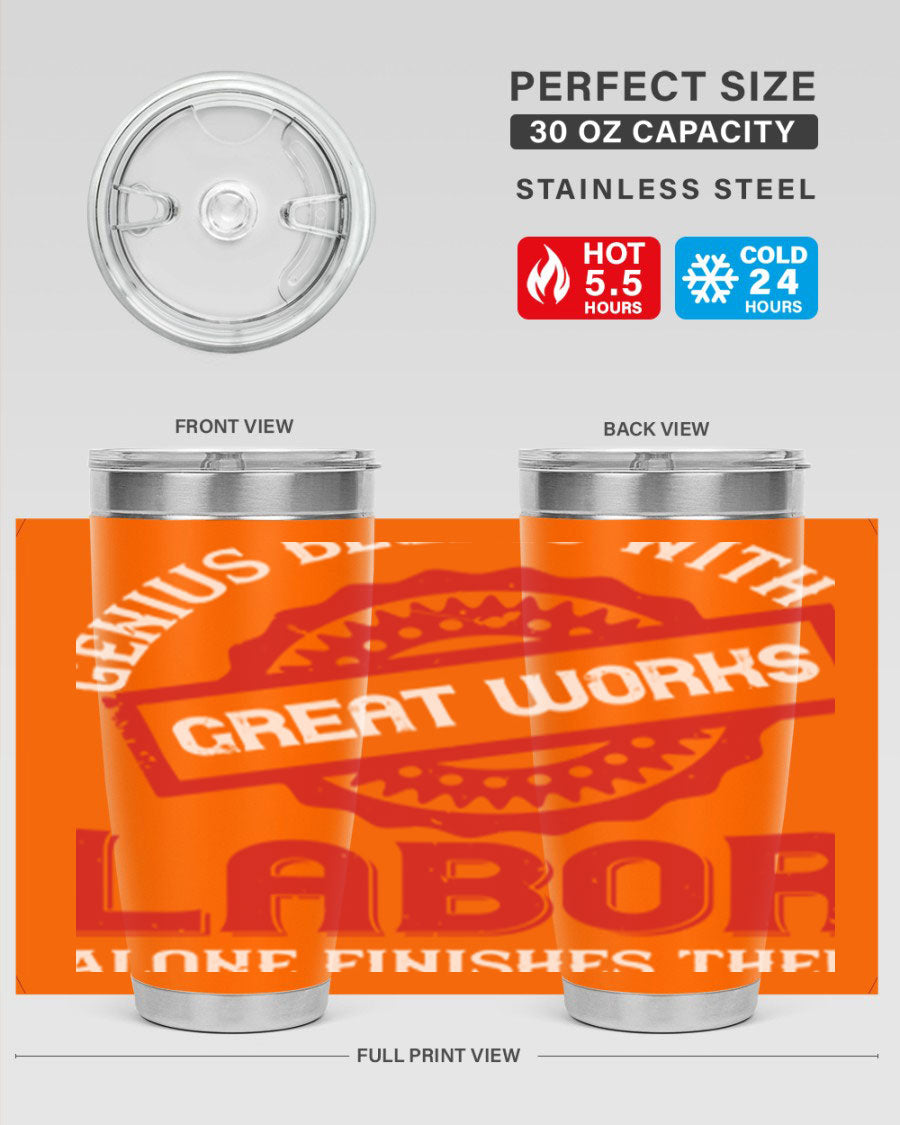 20oz and 30oz stainless steel tumblers with copper lining, featuring a press-in lid and printed design, ideal for hot and cold beverages.