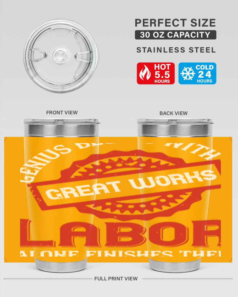 20oz and 30oz stainless steel tumblers with copper lining, featuring a press-in lid and printed design, ideal for hot and cold beverages.