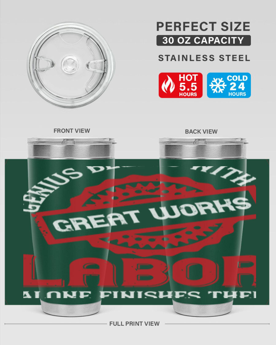 20oz and 30oz stainless steel tumblers with copper lining, featuring a press-in lid and printed design, ideal for hot and cold beverages.