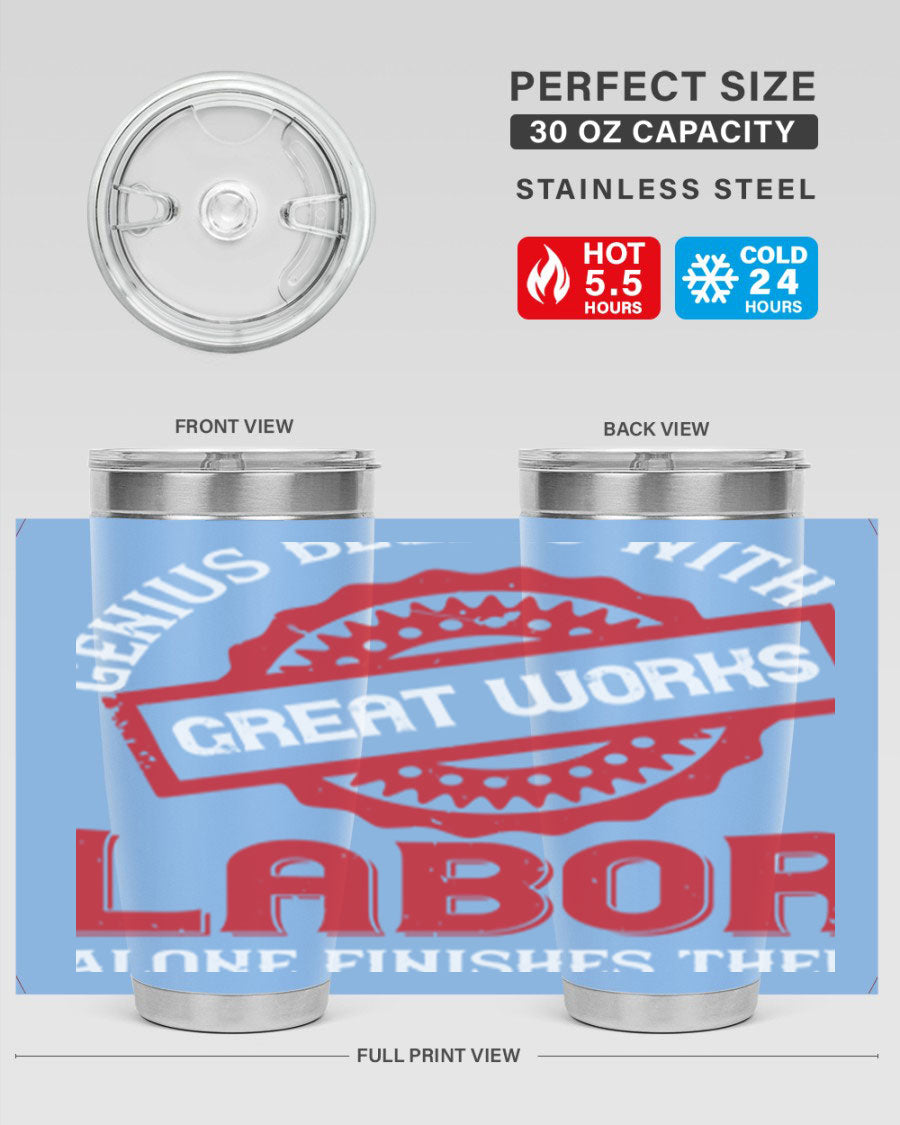 20oz and 30oz stainless steel tumblers with copper lining, featuring a press-in lid and printed design, ideal for hot and cold beverages.