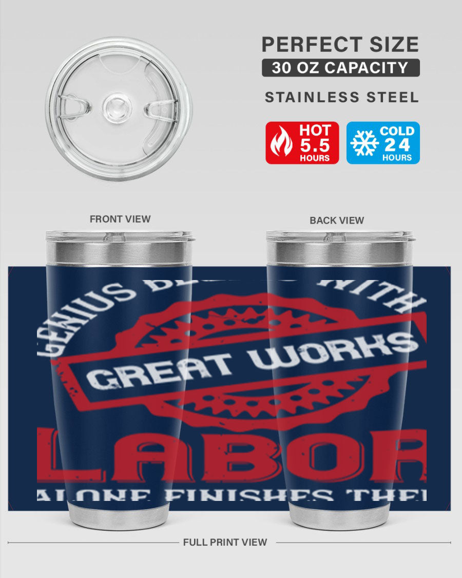 20oz and 30oz stainless steel tumblers with copper lining, featuring a press-in lid and printed design, ideal for hot and cold beverages.