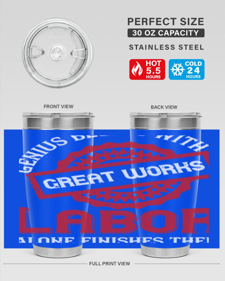 20oz and 30oz stainless steel tumblers with copper lining, featuring a press-in lid and printed design, ideal for hot and cold beverages.