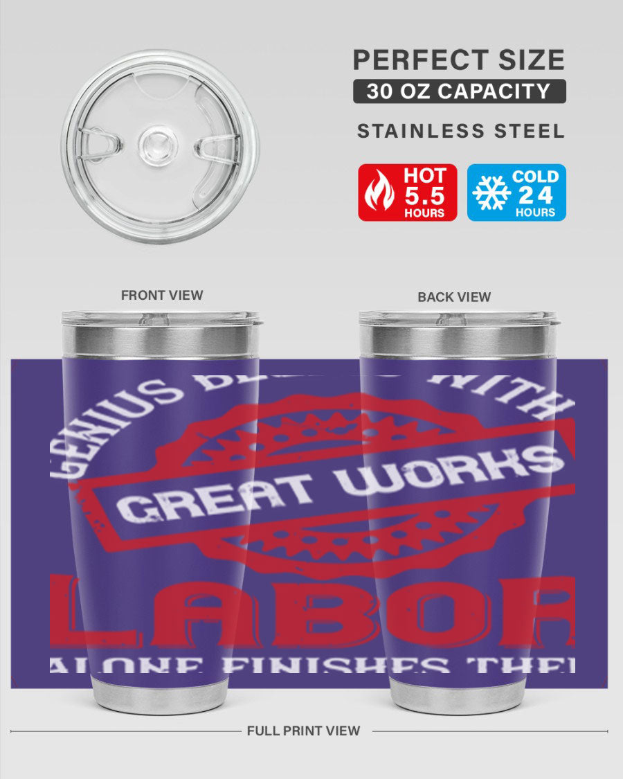 20oz and 30oz stainless steel tumblers with copper lining, featuring a press-in lid and printed design, ideal for hot and cold beverages.