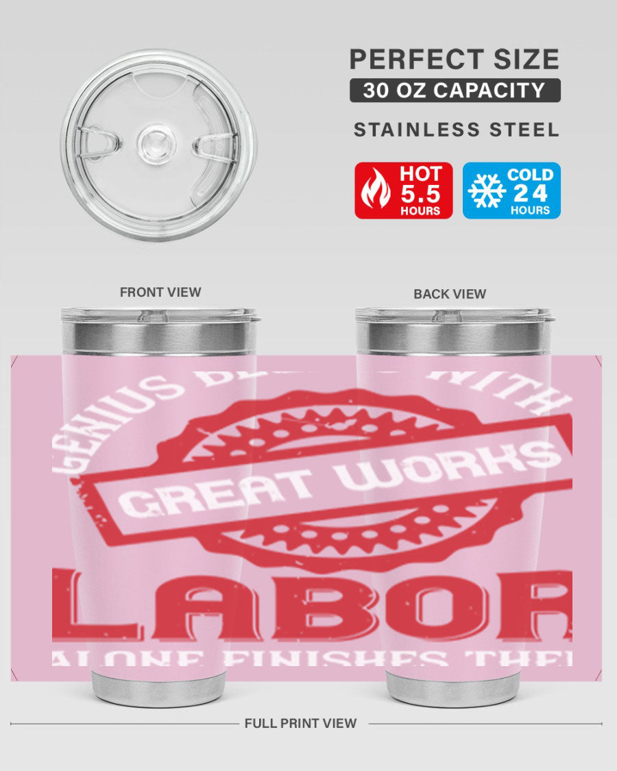 20oz and 30oz stainless steel tumblers with copper lining, featuring a press-in lid and printed design, ideal for hot and cold beverages.