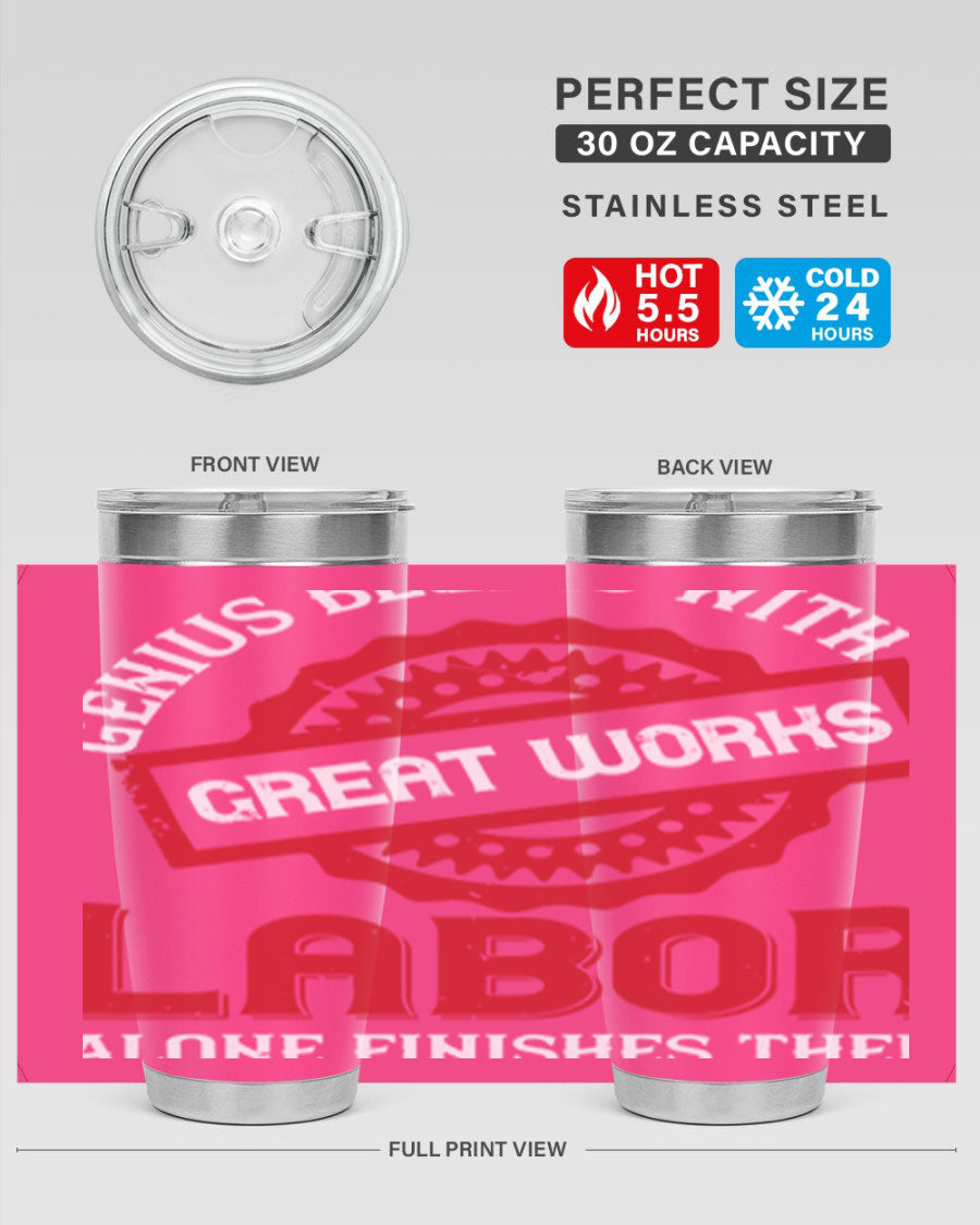 20oz and 30oz stainless steel tumblers with copper lining, featuring a press-in lid and printed design, ideal for hot and cold beverages.