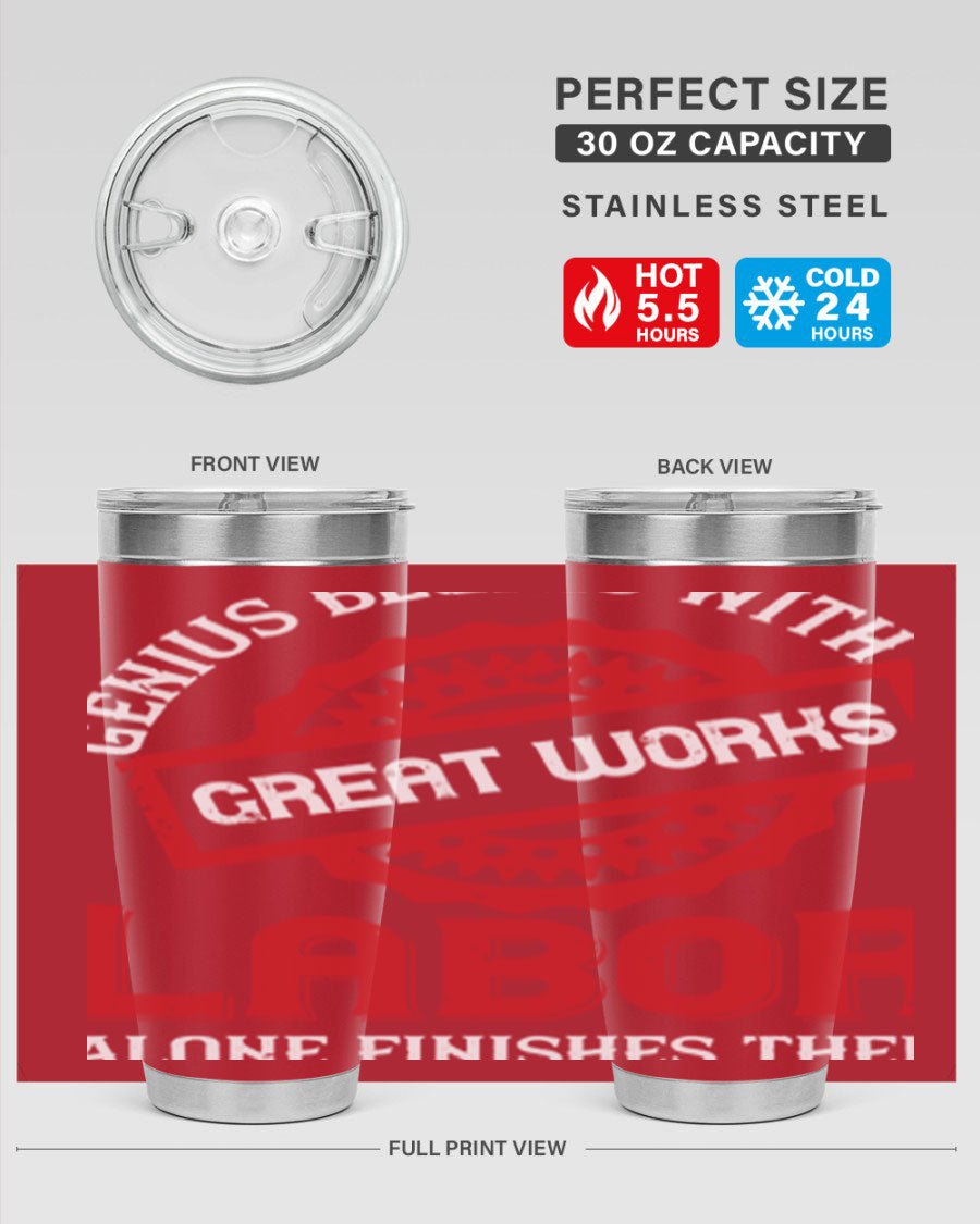 20oz and 30oz stainless steel tumblers with copper lining, featuring a press-in lid and printed design, ideal for hot and cold beverages.