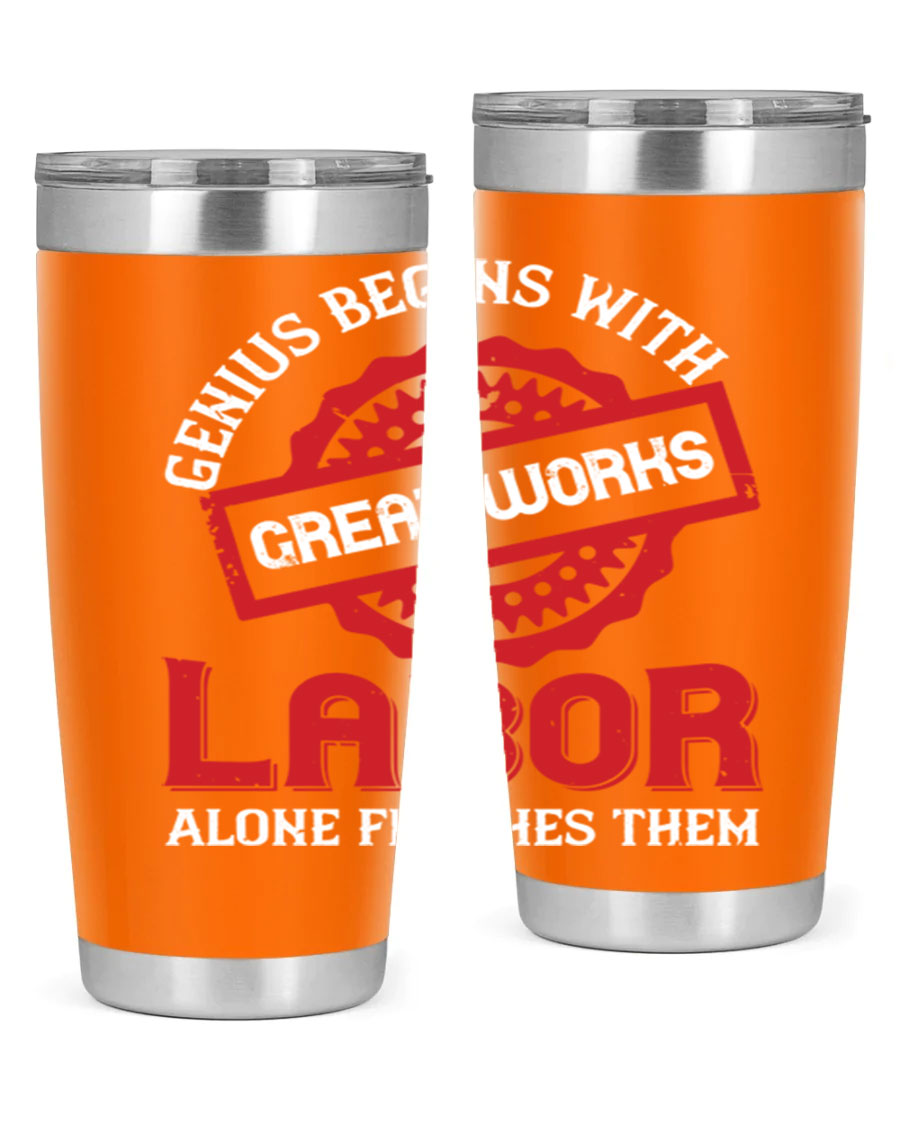 20oz and 30oz stainless steel tumblers with copper lining, featuring a press-in lid and printed design, ideal for hot and cold beverages.