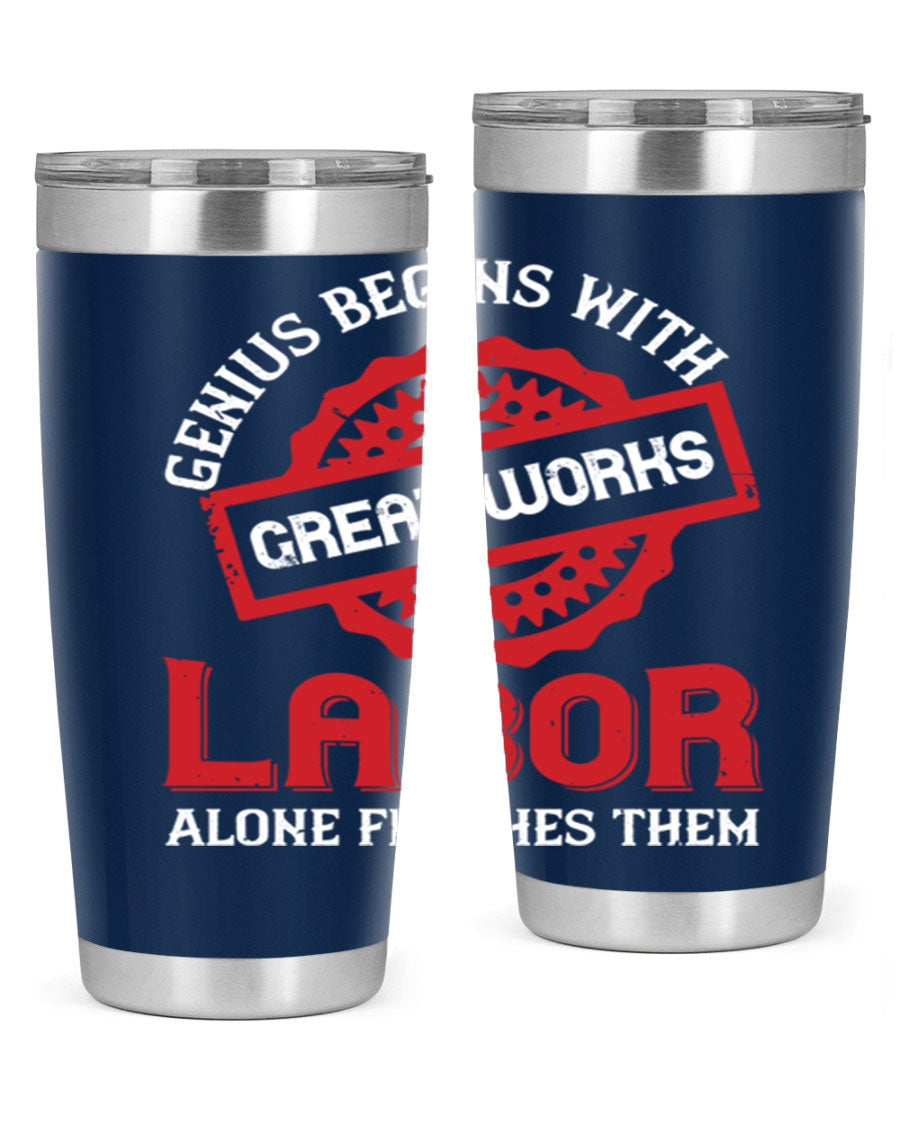 20oz and 30oz stainless steel tumblers with copper lining, featuring a press-in lid and printed design, ideal for hot and cold beverages.