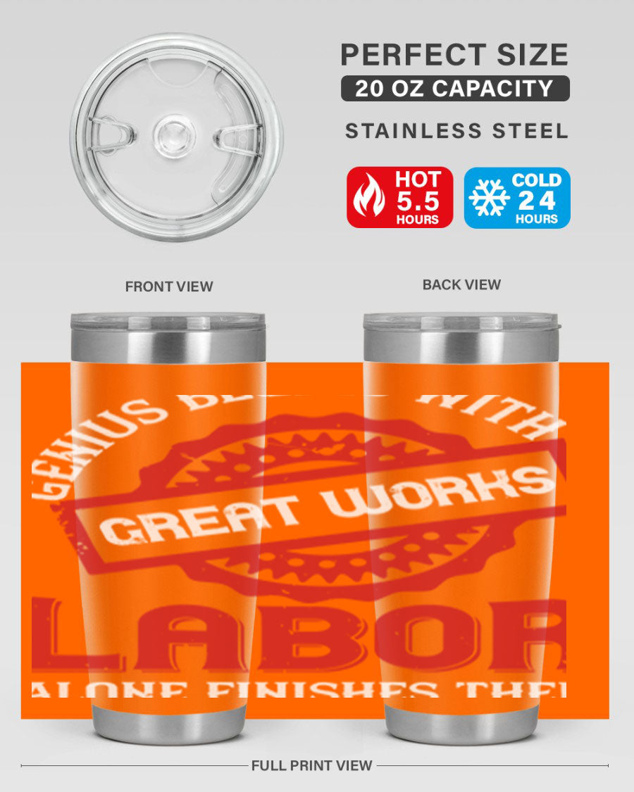 20oz and 30oz stainless steel tumblers with copper lining, featuring a press-in lid and printed design, ideal for hot and cold beverages.